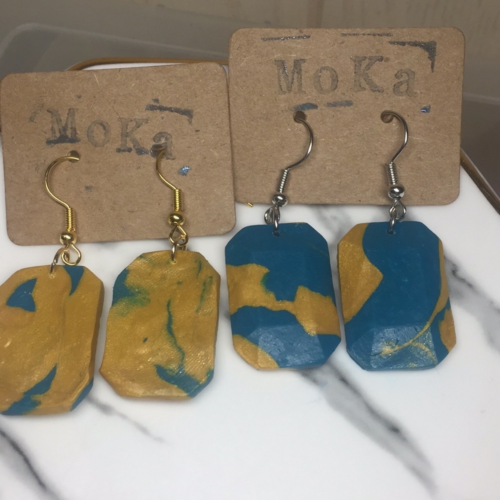 Handmade Polymer Clay Earrings Blue/Gold Rectangle